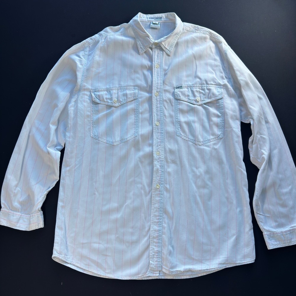 Vintage 80s‎ Guess Georges Marciano Shirt Mens Large White Denim USA Pinstripe
